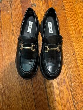 Steve Madden Black Leather Loafers with Gold Horsebit